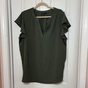 Adrianna Papell Sage Green Dark Ruffle Sleeve Women’s Plus Size Blouse- 1X